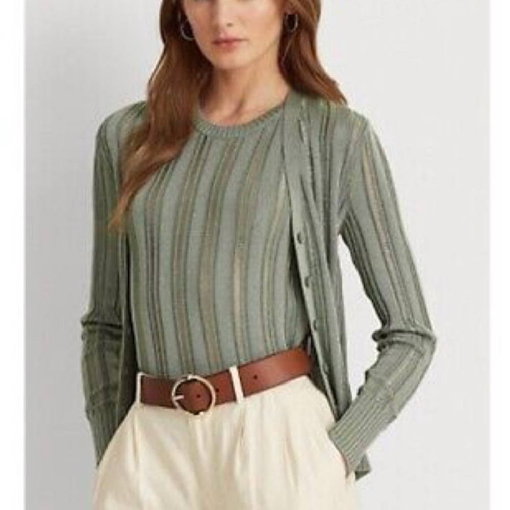 Ralph Lauren Black Label Women’s Cardigan Pointelle Knit Slim V-neck Swe…